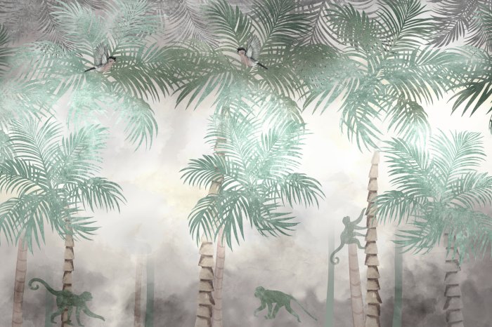 Fotobehang Apen en exotische palmbomen in een tropisch bos