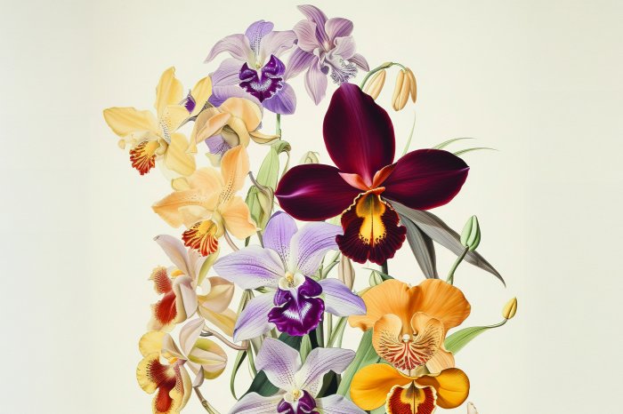 Fotobehang Orchideeënbloemen in pasteltinten op een lichte achtergrond