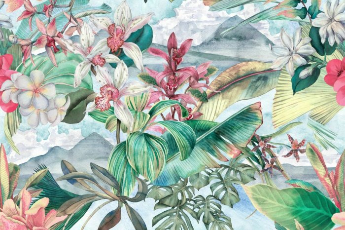 Fotobehang Kleurrijke orchideeën met monsterabladeren