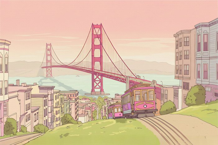 Fotobehang Pastelillustratie van de Golden Gate en de San Francisco Streetcar