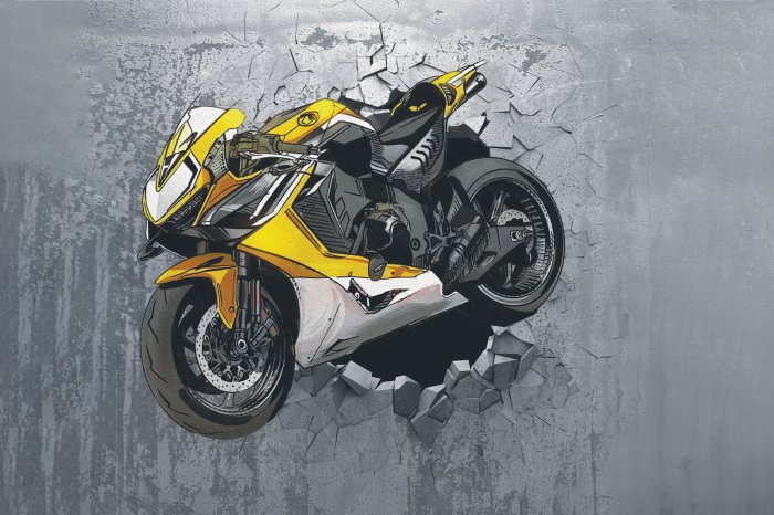Fotobehang Een gele sportfiets rijdt door een betonnen muur.