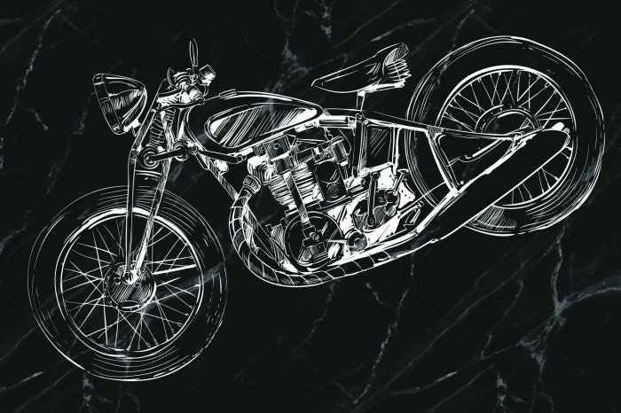 Fotobehang Schets van een witte motorfiets op een zwarte marmeren achtergrond