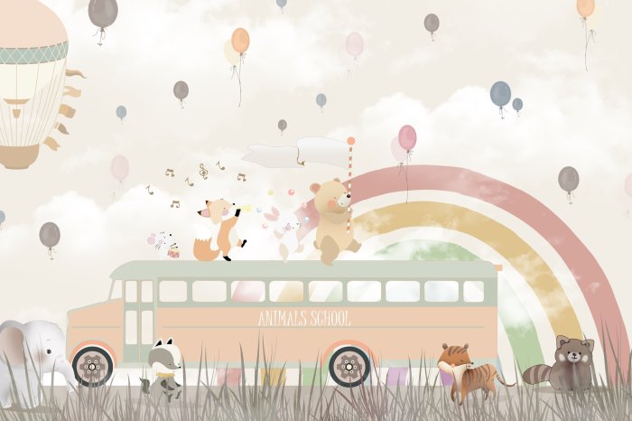 Fotobehang Schoolbus met dieren voor een regenboog