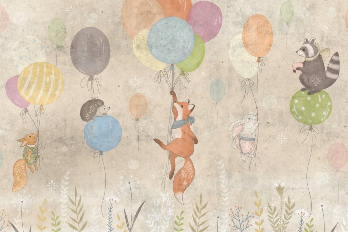 Fotobehang Een vos en een haas die ballonnen vasthouden