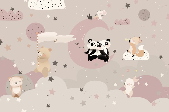 Fotobehang Panda&#39;s, vossen en konijnen op wolken