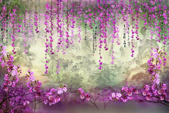 Fotobehang Roze kersenbloesems hangen erboven