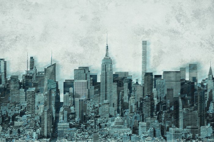 Fotobehang New Yorkse wolkenkrabbers tegen de achtergrond van een betonnen constructie