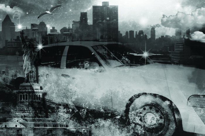 Fotobehang Vrijheidsbeeld en taxi in zwart-wit