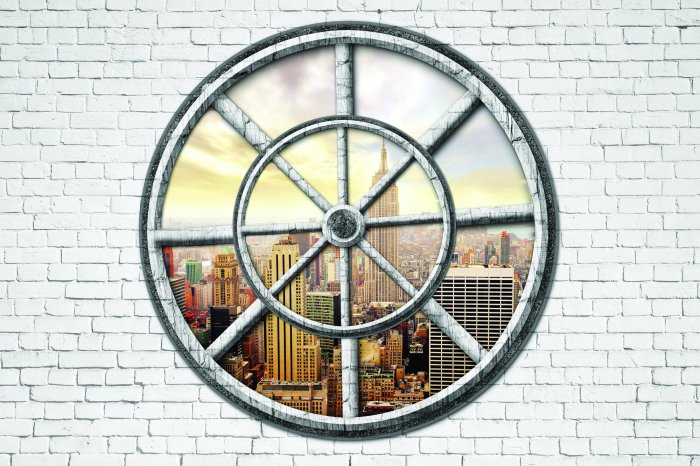 Fotobehang New York gezien door het ronde raam