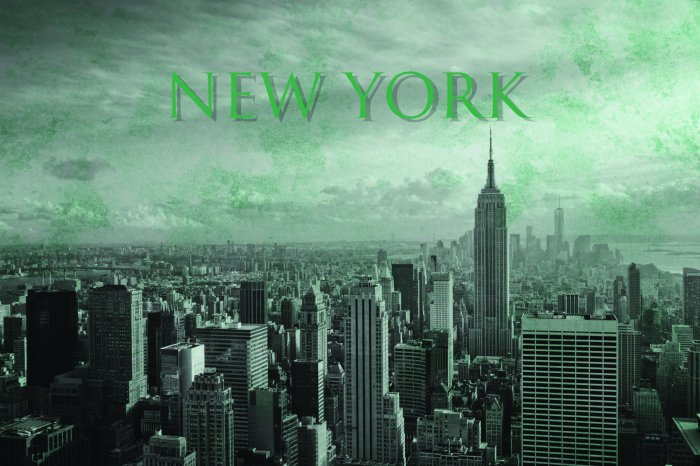 Fotobehang Luchtfoto van New York met groene letters op de achtergrond