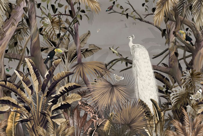 Fotobehang Witte pauwtoekans en vlinders in een tropische jungle