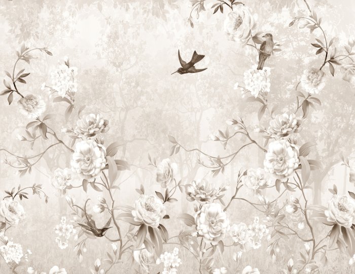 Fotobehang Vogels in een tuin vol bloemen en bomen