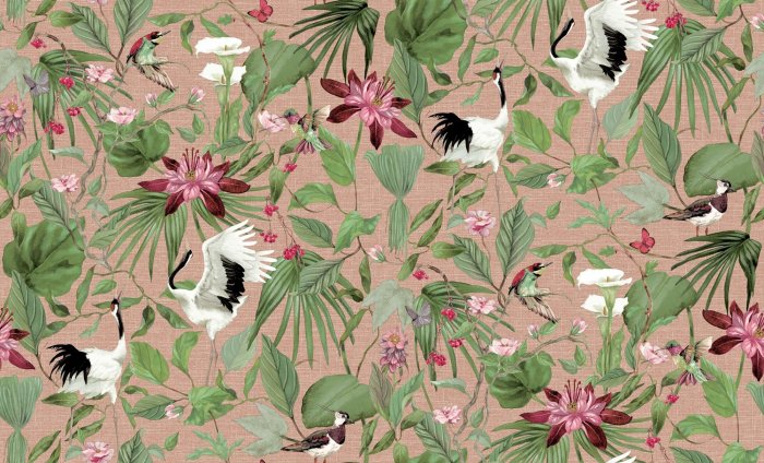 Fotobehang Bloemen en vogels in een tropische tuin