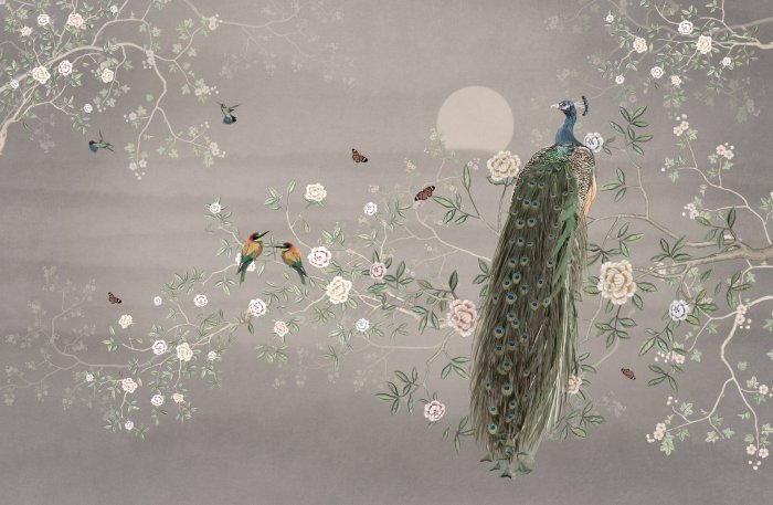 Fotobehang Pauw en kolibries tussen bloeiende bloemen op een boomtak