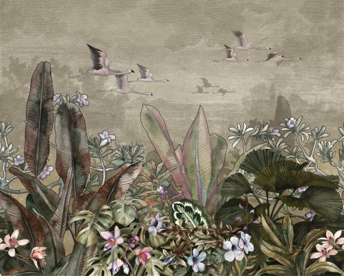 Fotobehang Tropische planten en exotische vogels in aquarelstijl