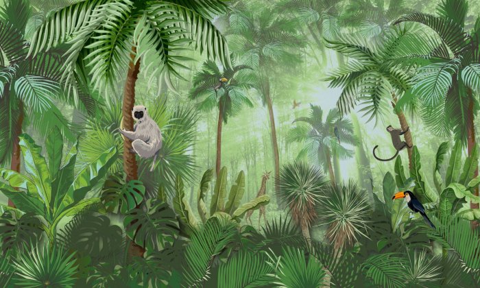 Fotobehang Tropische groene junglevegetatie met dieren