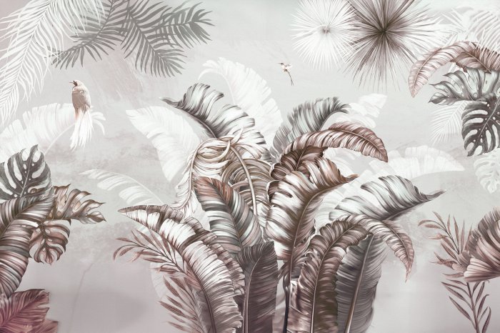 Fotobehang Tropische vogels en bladeren op een subtiel gestructureerde achtergrond
