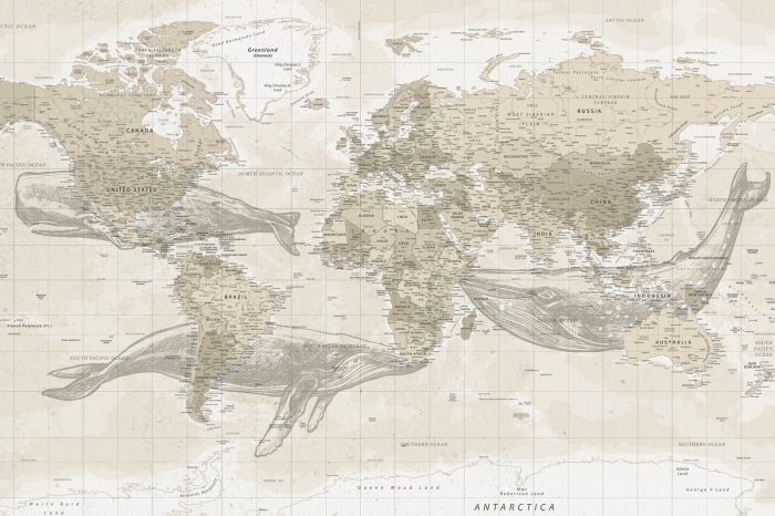 Fotobehang Vintage wereldkaart met walvissen