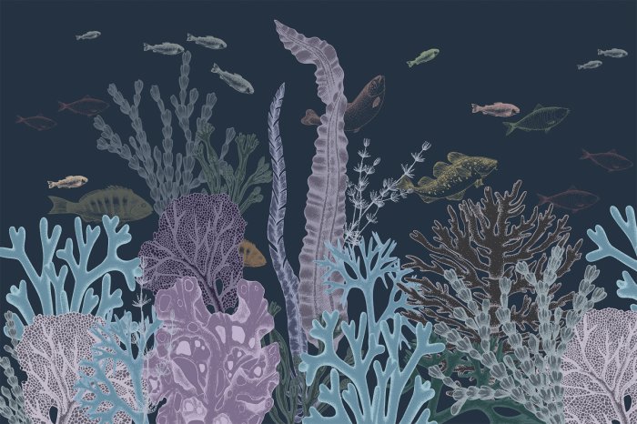 Fotobehang Een minimalistisch patroon met vissen en een kleurrijk koraalrif.