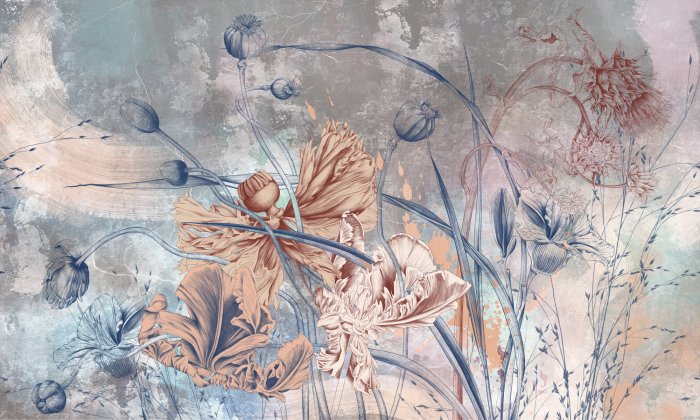 Fotobehang Klaprozen met wilde bloemen op een betonnen achtergrond in industriële stijl