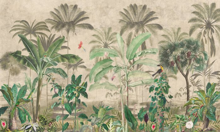 Fotobehang Vogels tussen tropische planten in een exotisch bos
