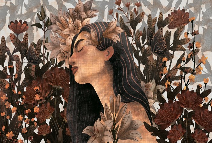 Fotobehang Een sensuele vrouw omringd door bloemen