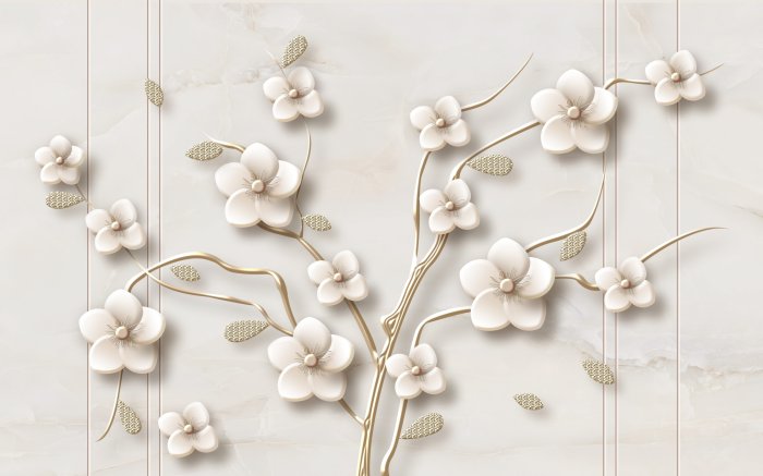 Fotobehang 3D-boom met witte bloemen op een marmeren achtergrond