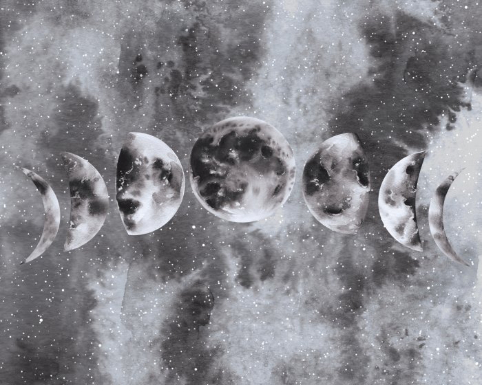 Fotobehang Aquarel maanfasen tegen de sterrenhemel