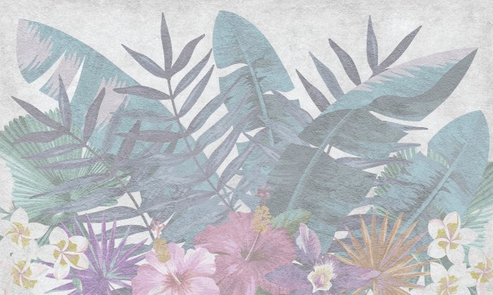 Fotobehang Bloemen en bladeren in delicate kleuren op een gestructureerde achtergrond