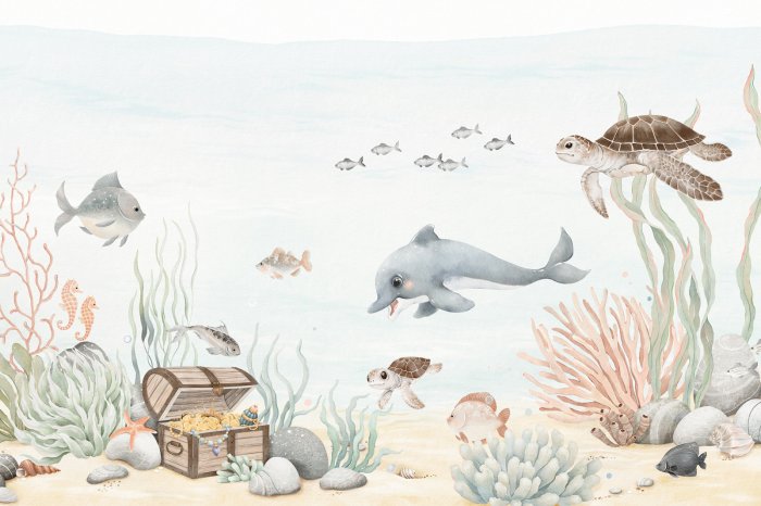 Fotobehang Aquarel onderwaterwereld met vissen, dieren en piratenschatten