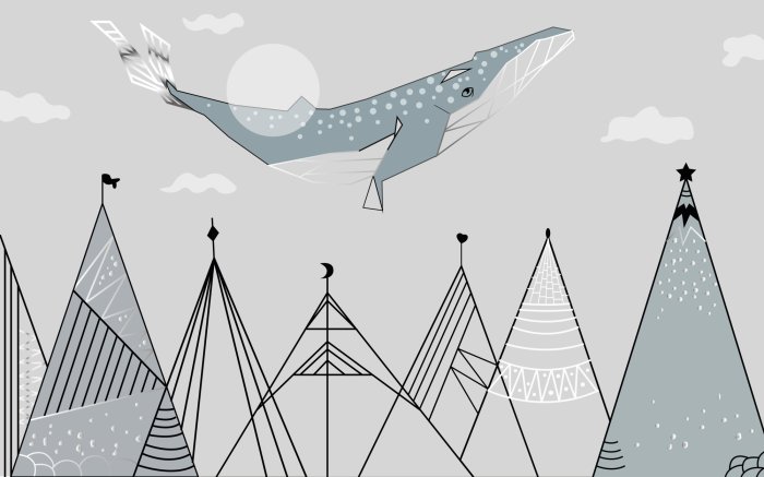 Fotobehang Abstract landschap met bergen en een walvis, sprookjesachtig kinderpatroon