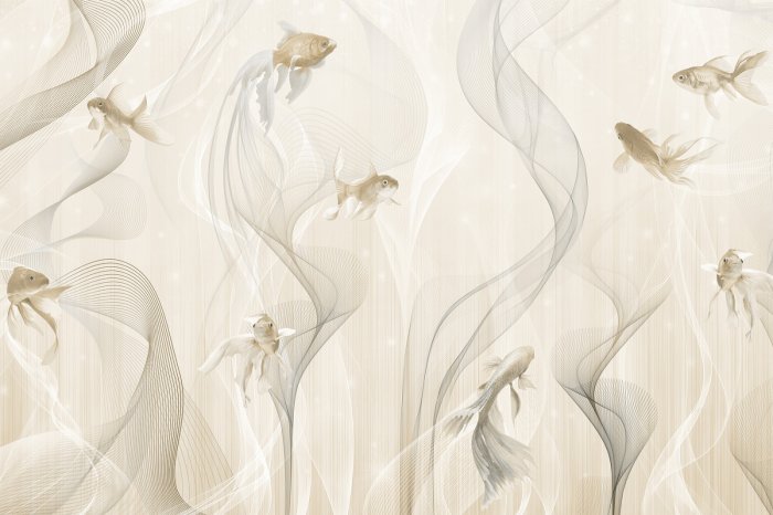 Fotobehang Vis op een beige achtergrond met abstracte lijnen, modern patroon