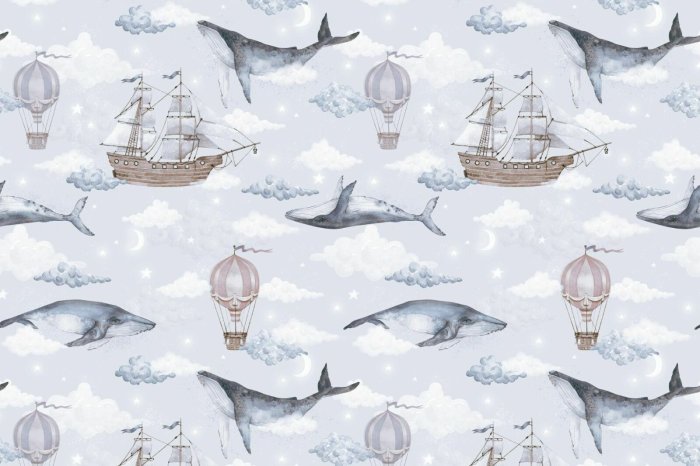 Fotobehang Walvissen, schepen en ballonnen tussen de wolken aquarelpatroon voor kinderen