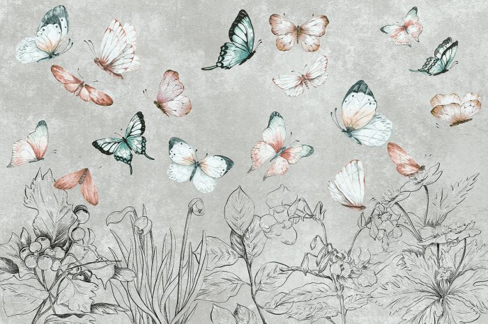Fotobehang Botanisches Muster mit Schmetterlingen Motten und Pflanzen auf grauem Hintergrund