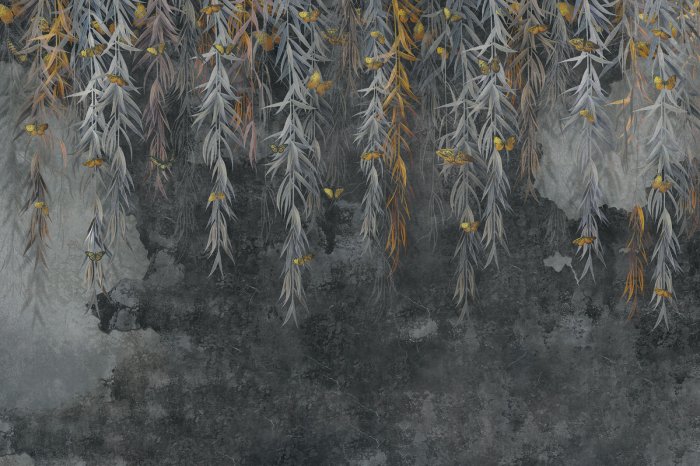 Fotobehang Schmetterlinge und hängende Ranken auf rohem Beton Hintergrund modernes Muster