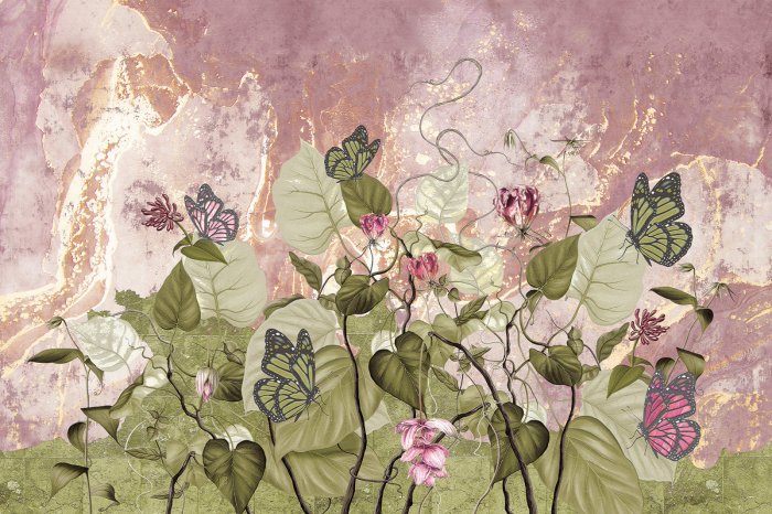 Fotobehang Blumen Blätter und Schmetterlinge auf Betonhintergrund naturinspiriertes Muster