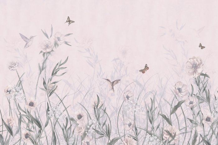 Fotobehang Blumenwiese mit Kolibris und Schmetterlingen Aquarellmuster
