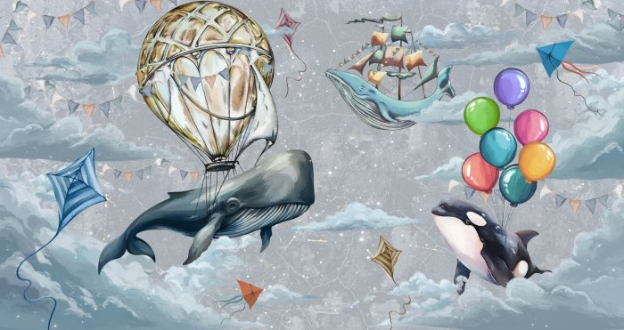 Fotobehang Fische Ballons und Drachen zwischen Wolken auf Himmelshintergrund Aquarellmuster für Kinder