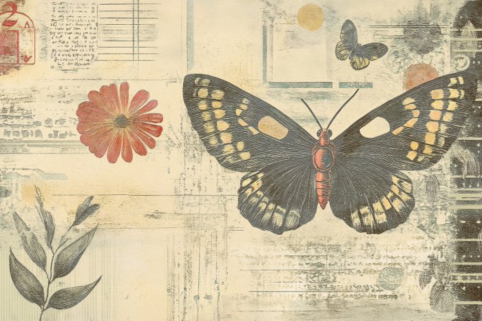 Fotobehang Schmetterlinge Blumen und Blätter botanisches Muster im Retro Vintage Stil