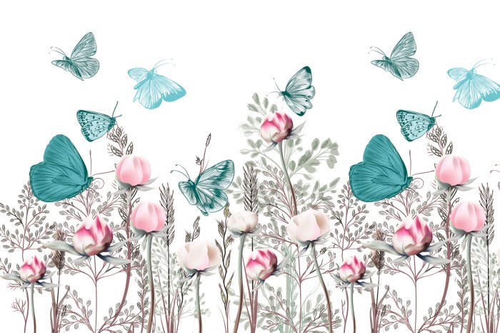 Fotobehang Blaue und grüne Schmetterlinge über einer blumenwiese 3D Blumen auf weißem Hintergrund