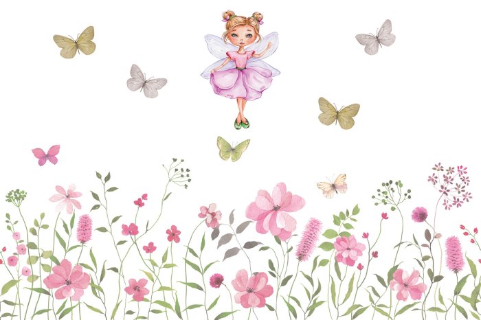 Fotobehang Fee und Schmetterlinge über einer blumenwiese märchenhaftes muster für kinder