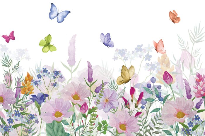 Fotobehang Bunte blumenwiese und bunte schmetterlinge auf weißem hintergrund natürliches motiv