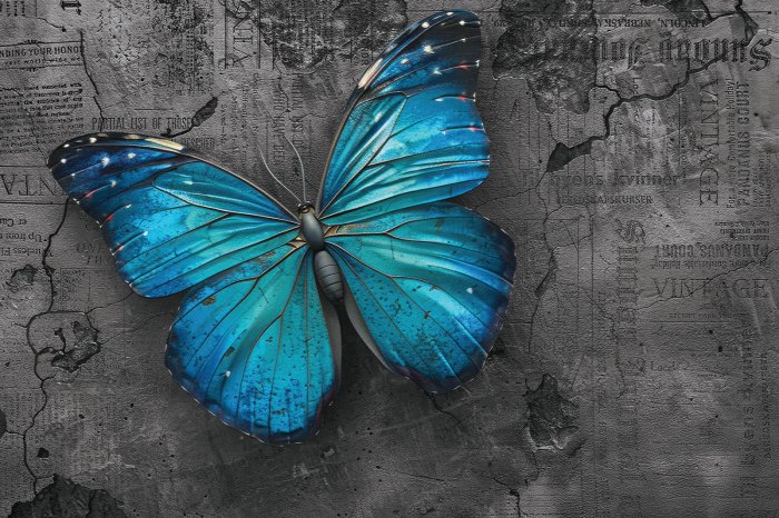 Fotobehang Blauer Schmetterling mit 3D-Effekt auf Betonhintergrund mit deutlicher Struktur