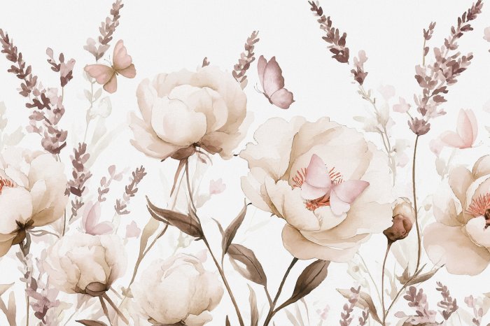 Fotobehang Blühende Wiese mit Schmetterlingen im Aquarellstil, zartes Blumenmuster