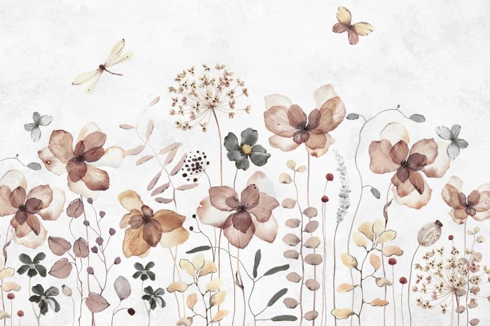 Fotobehang Schmetterlinge und Libellen im Aquarell-Wildblumenmotiv auf hellem Hintergrund