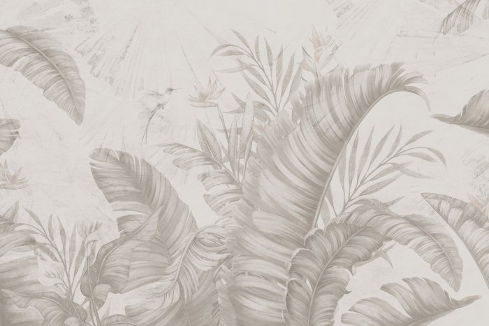 Fotobehang Exotische Pflanzen, Strelitzien und Bananenblätter auf texturiertem Hintergrund in gedeckten Farben