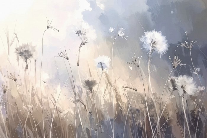 Fotobehang Pflanzen und Gräser im Malstil mit verschwommenem natürlichem Hintergrund