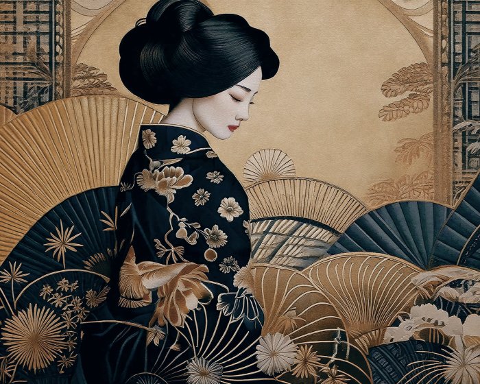 Fotobehang Portret van een geisha in een Japanse kimono tegen een gouden achtergrond