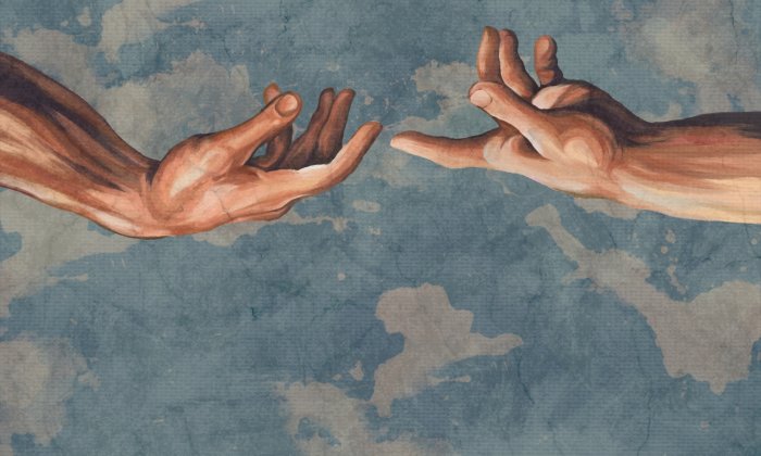 Fotobehang Menselijke handen op een abstracte hemelachtergrond