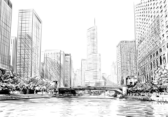 Fotobehang Zwart-wit tekening van de skyline van Chicago met wolkenkrabbers en rivier